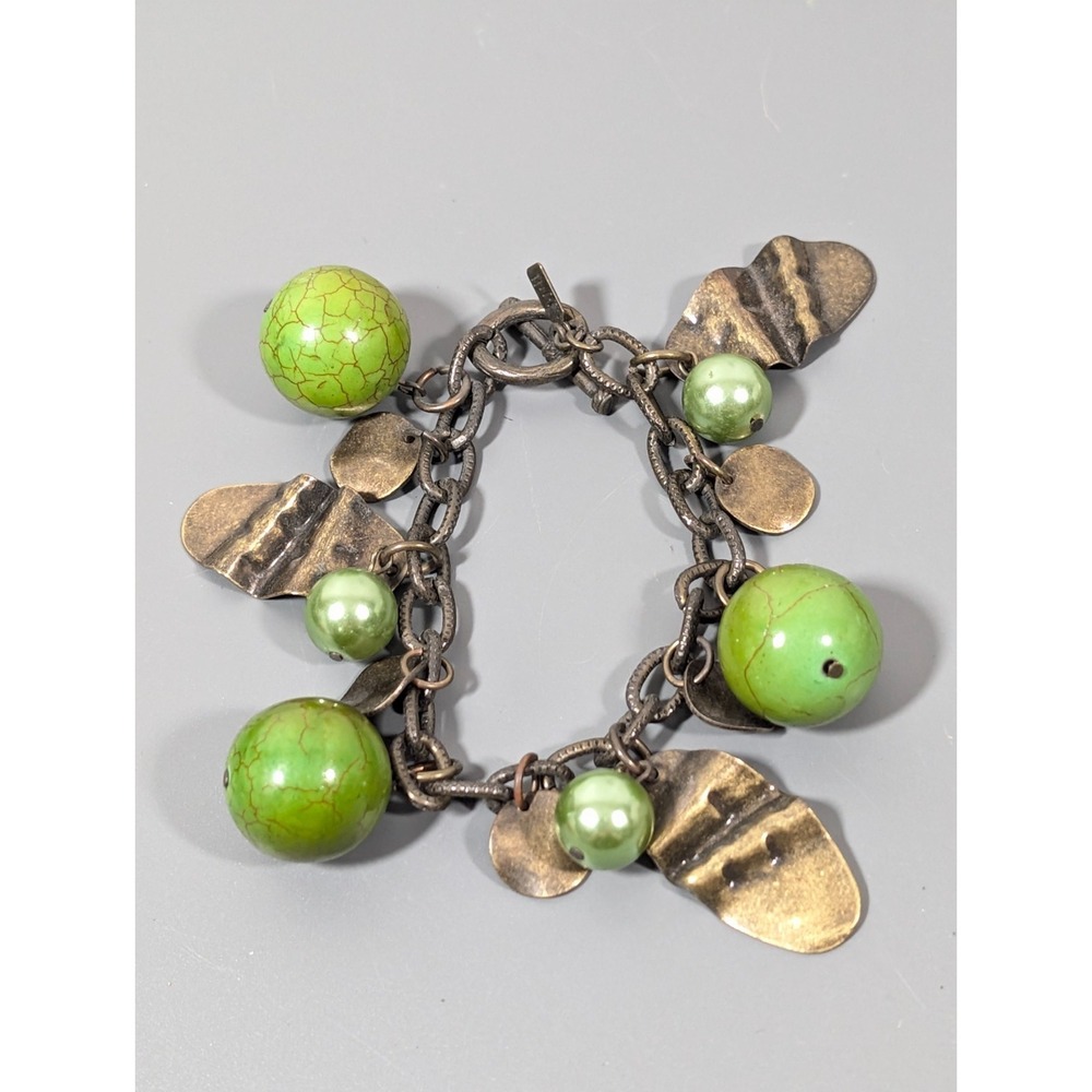 J Jill Bronze Tone Green Round‎ Bead Chunky Charm Bracelet Boho Tribal 8 in